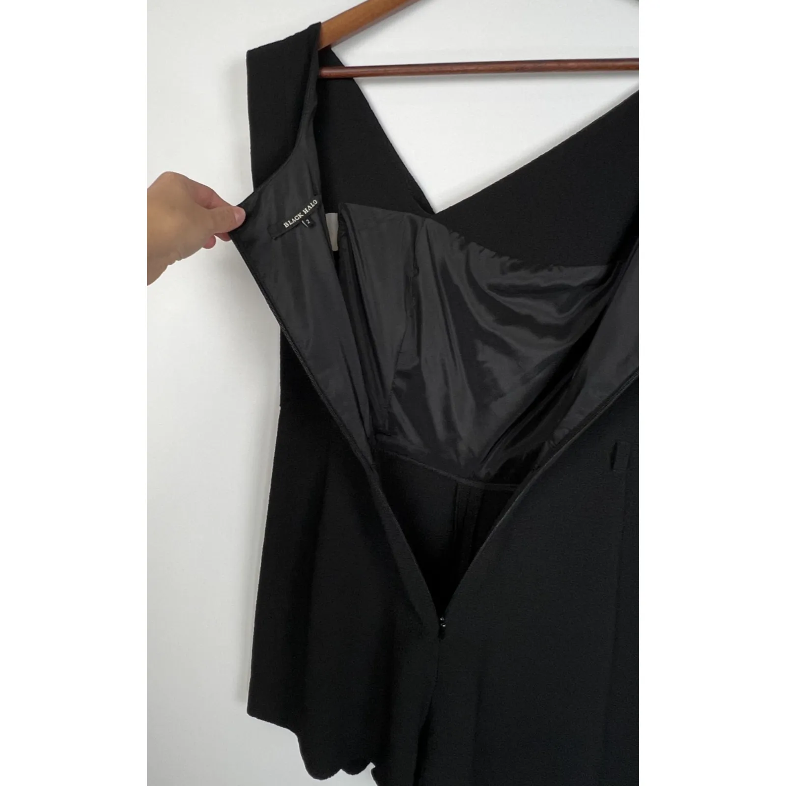 Black Halo Black Romper 2 Draped Asymetrical Neckline Sleeveless Lined Zip Back - Image 9