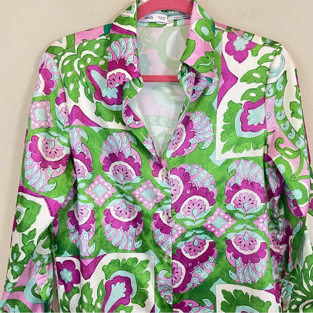 MANGO‎ Italian Fabric Floral Satin Relaxed Button Up Shirt Green Size 4 - Image 6