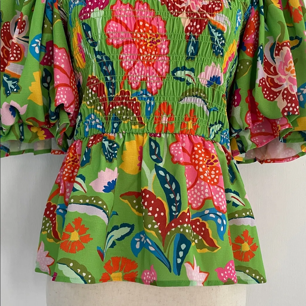 CROSBY by Mollie Burch Sloan Top Botanical Garden Green Floral Peplum Size S - Image 8