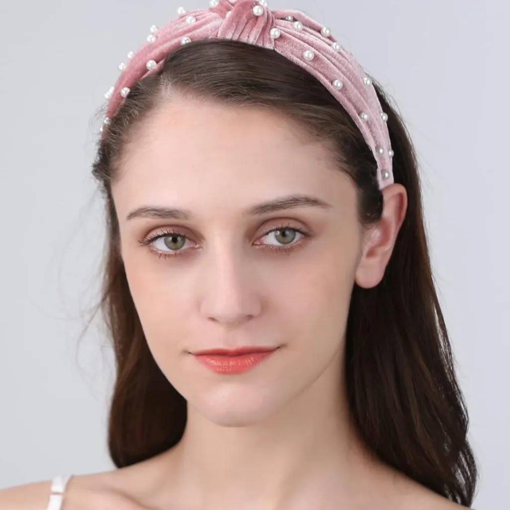 Women’s Pink Velvet Twist Knot Faux Pearl Embellished Headband NWT - Image 2