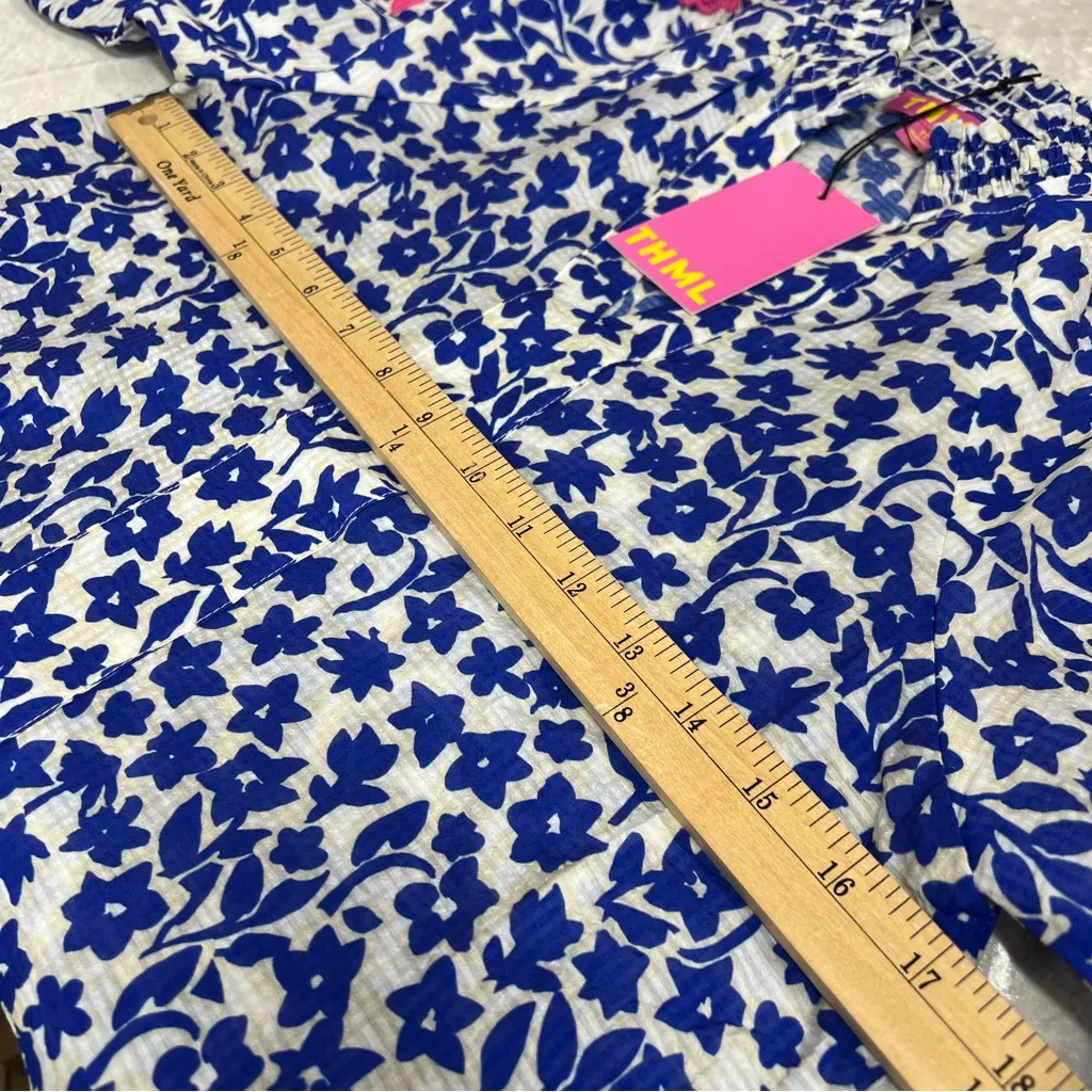 NWT Anthropology THML xs embroidered puff sleeve Blue Pink Floral Blouse ruffle - Image 5