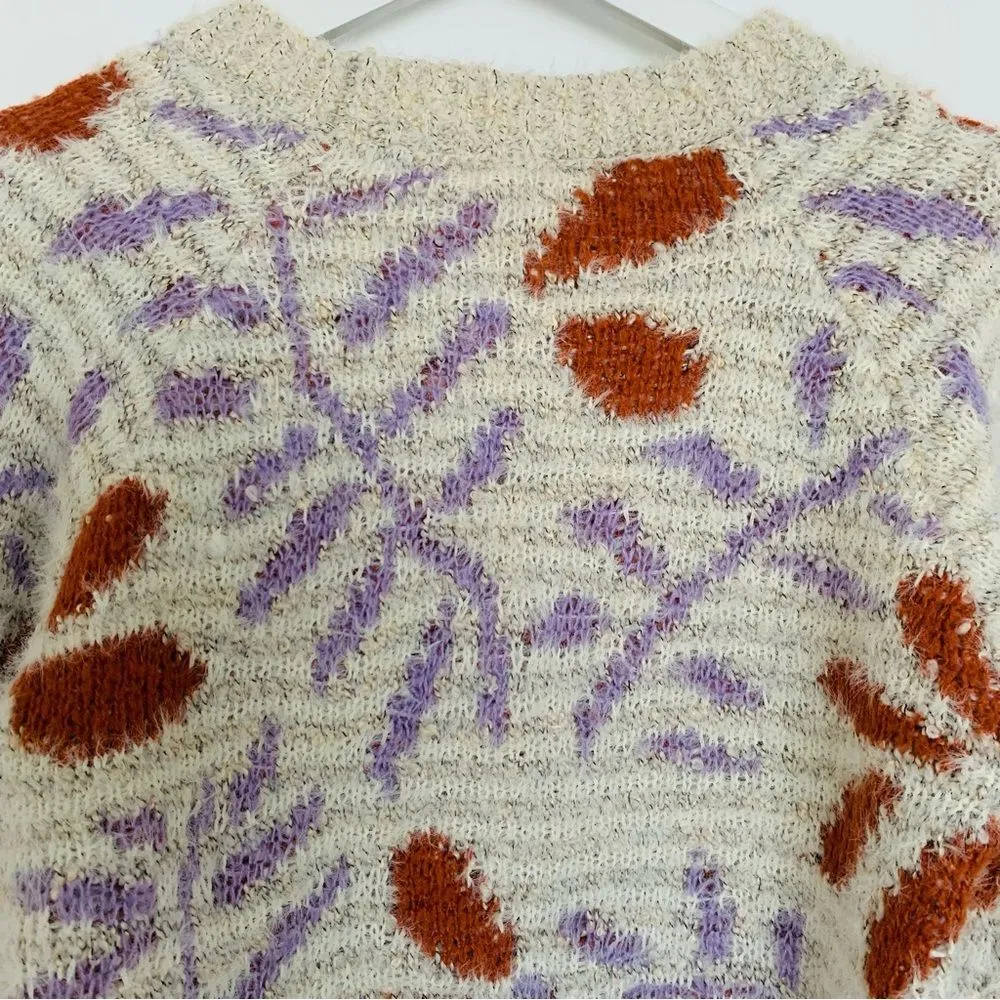 Lush Cream Floral Geo Print Cozy Knitted Crewneck Sweater | Size: S - Image 8