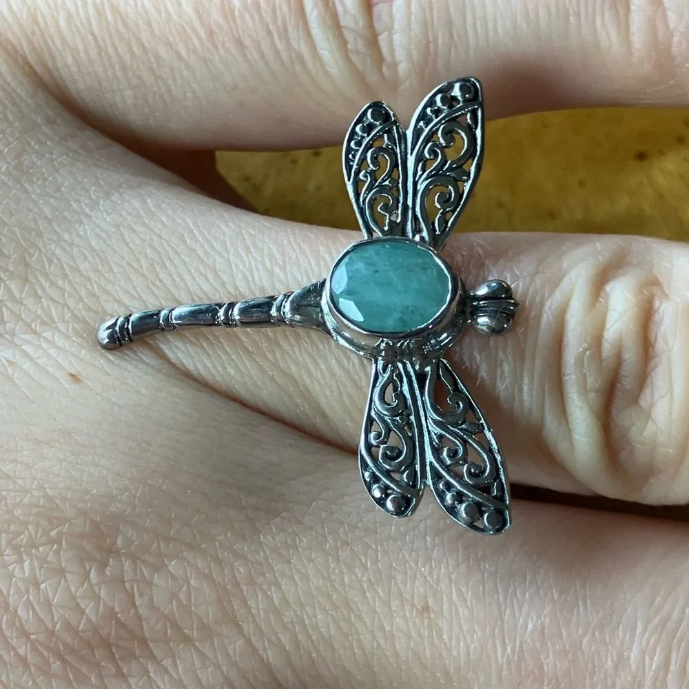 Natural Emerald Sterling Silver Dragonfly Ring Size 8 Green - Image 2