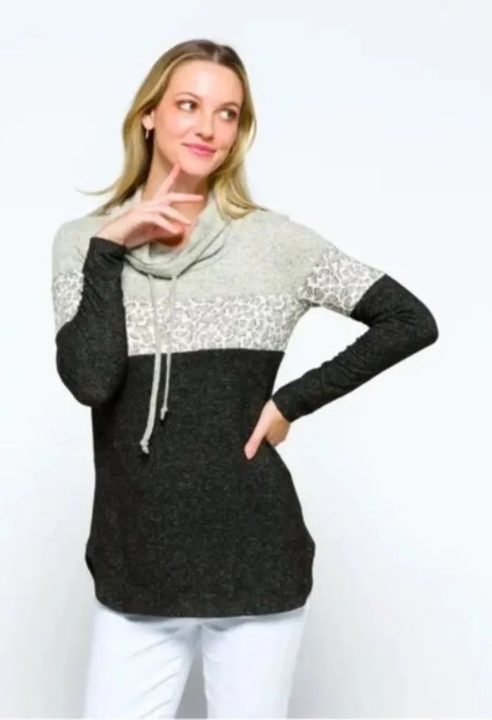 Market & Spruce Black Gray Cameron Cowl Neck Brush Knit Top with Leopard Print - Image 1
