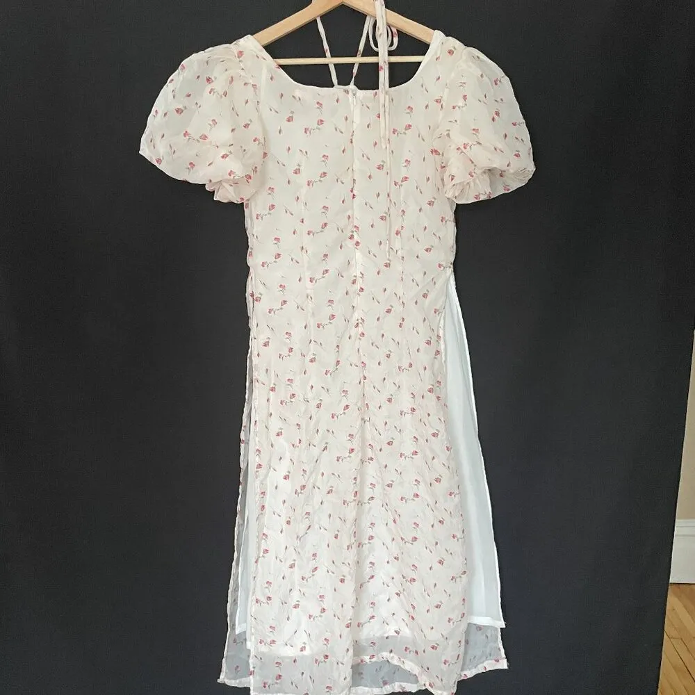 Vintage Áo Dài Việt Floral Puff Sleeve Dress In White & Pink midi halter neck - Image 6