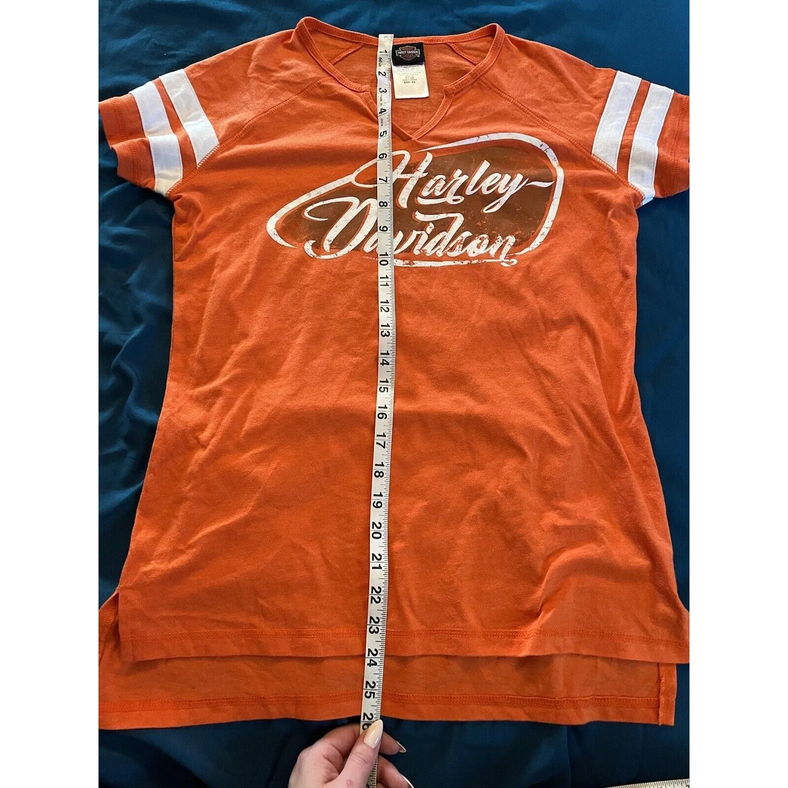 Harley Davidson T Shirt Orange & White Striped Sleeves Women XS Baton Rouge LA - Image 3