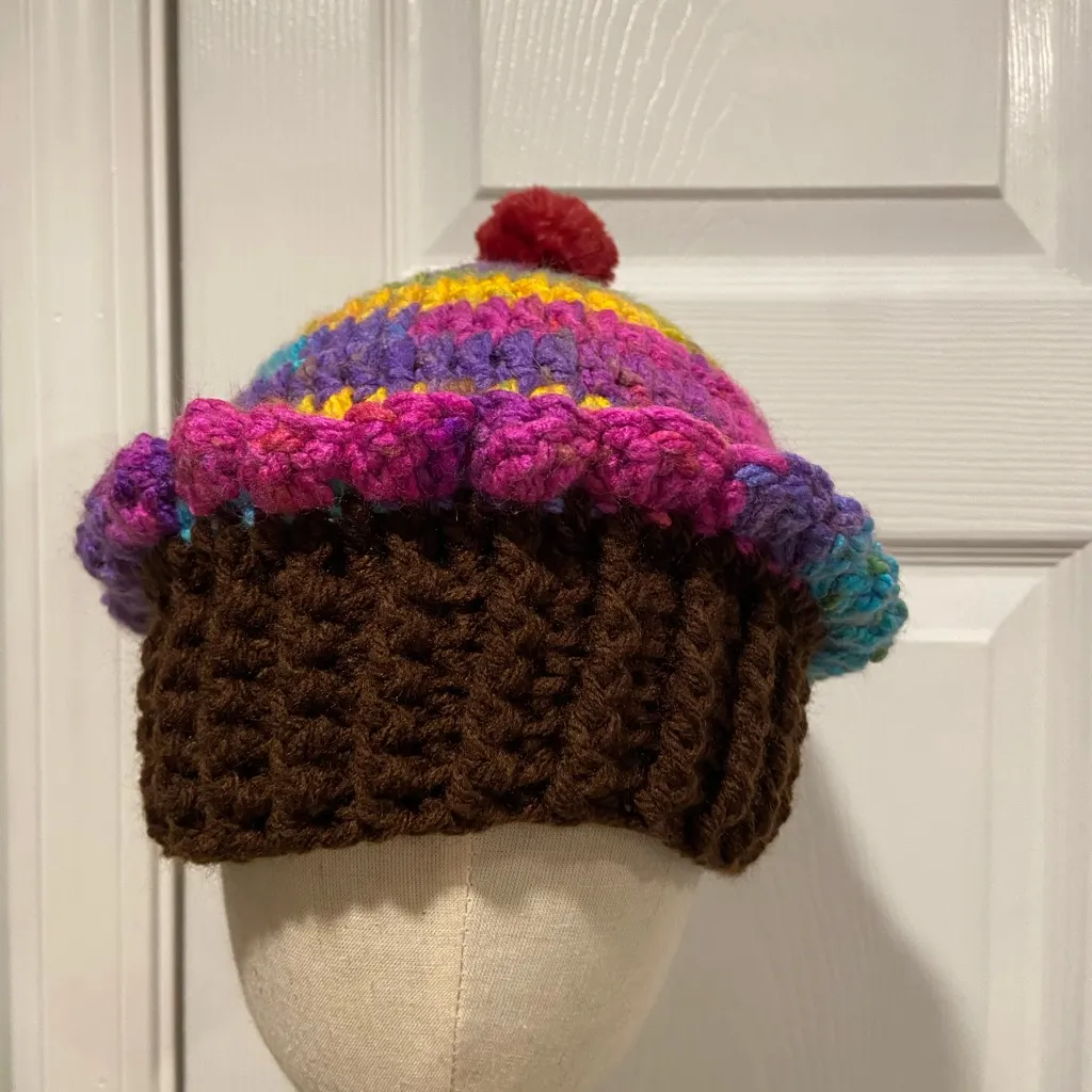 Handmade Crochet Rainbow Chocolate Cupcake Beanie Winter Hat Cozy Comfy Warm - Image 3