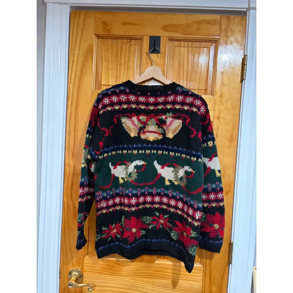 Talbots Hand Knit Wool Christmas Sweater Poinsettia Bells Birds Vintage Holiday - Image 3