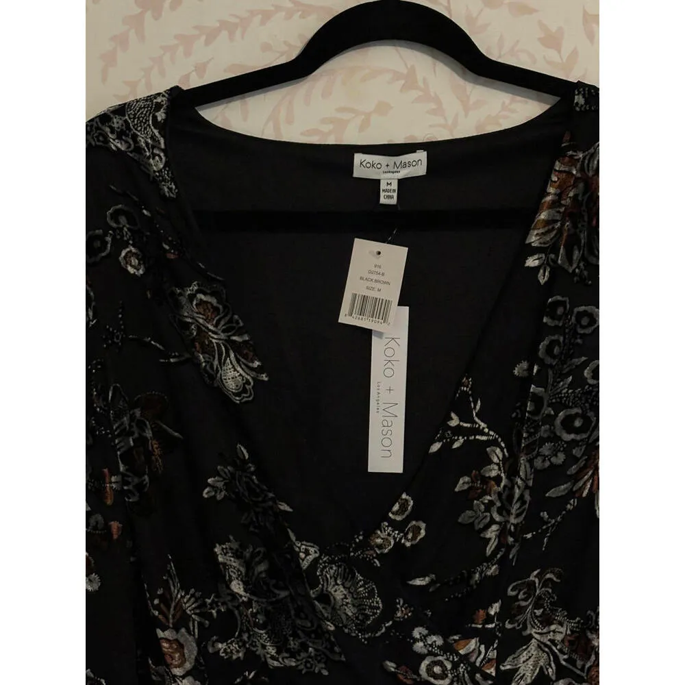 NWT Koko + Mason Black Floral Velvet Faux Wrap Dress M Size M - Image 3