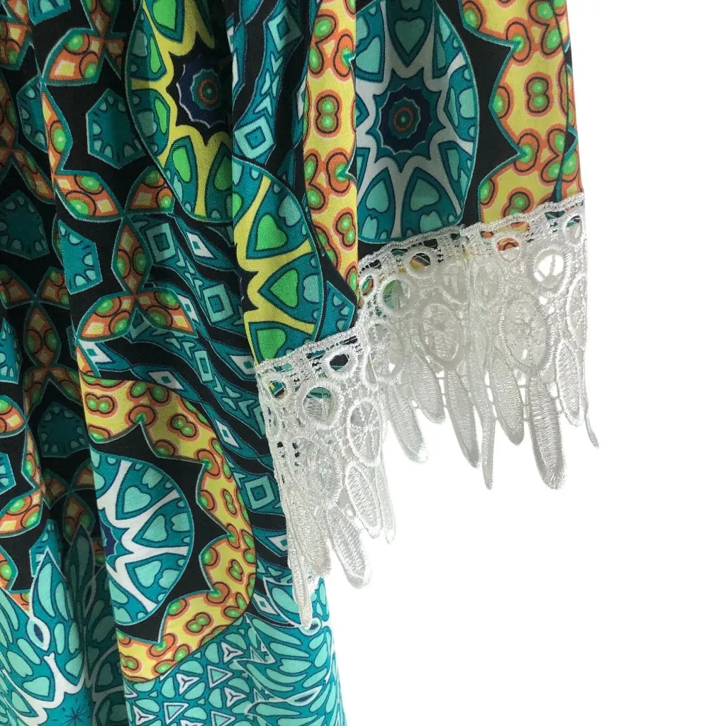 WinWin Half Sleeve Lace Tunic Dress Shift Geometric Green Yellow 2XL-3XL - Image 2