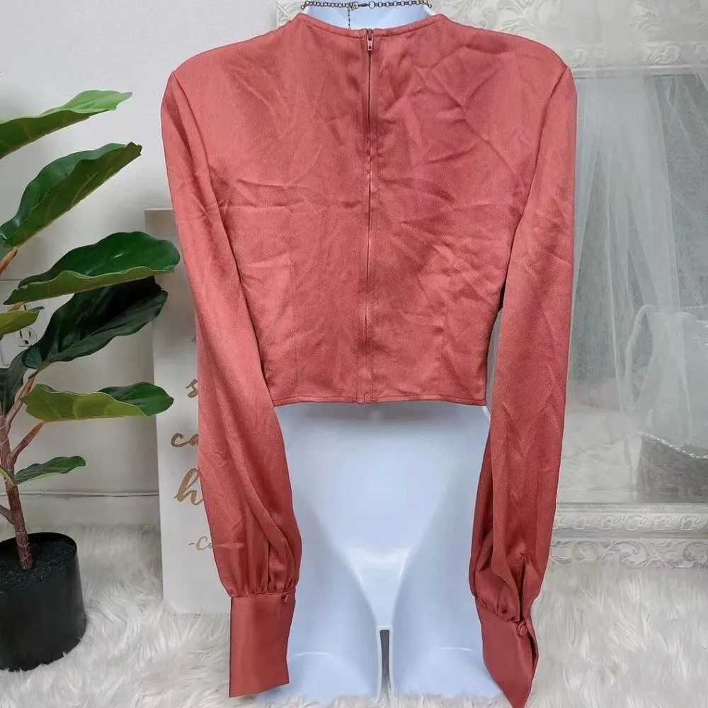BELLEVUE THE LABEL Camellia Satin Cut Out Long Sleeve Blouse Top Size Small NWT Pink - Image 3