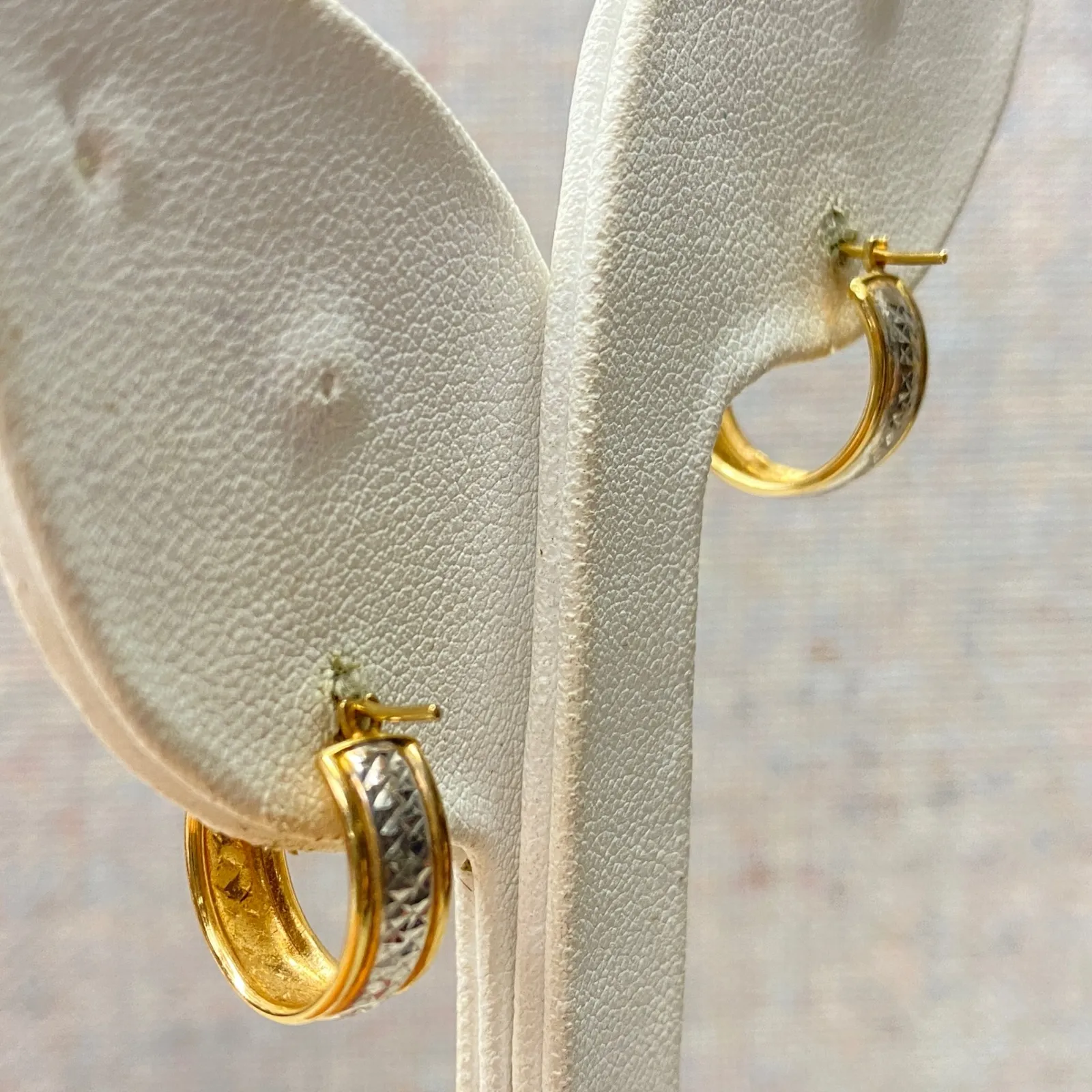 Vintage 14K Israel Two Tone Diamond Cut Hoop Earrings Elegance Feminine Gold - Image 5