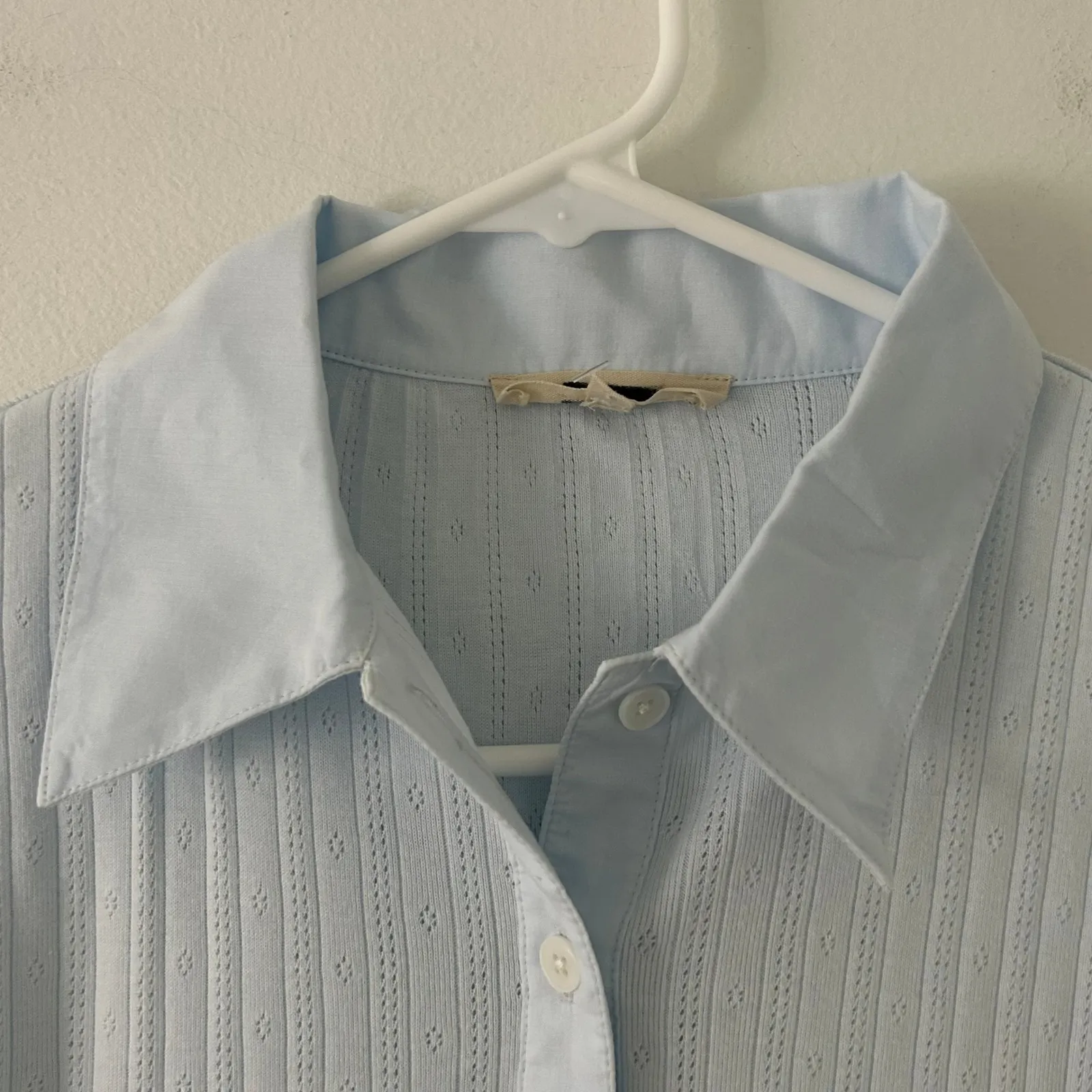 Madewell Ribbed Eyelet Polo Shirt Baby Blue Long Sleeve Button Up Cotton Size S - Image 3