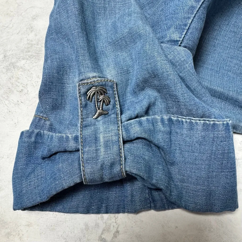 AllSaints Calla Bay Dress US 0 Blue Denim Chambray Short Sleeve Palm Tree - Image 4