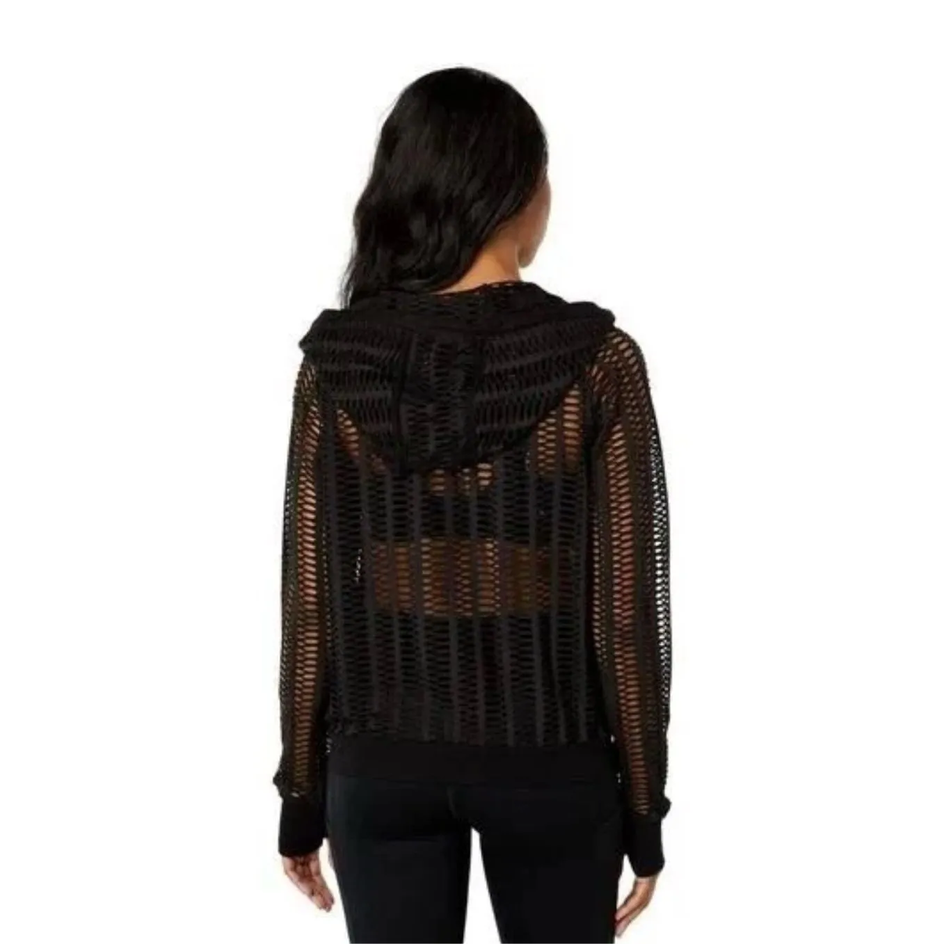 BLANC NOIR Linear Mesh Front Zip Hoodie Jacket in Black Women's Size L Size L - Image 3