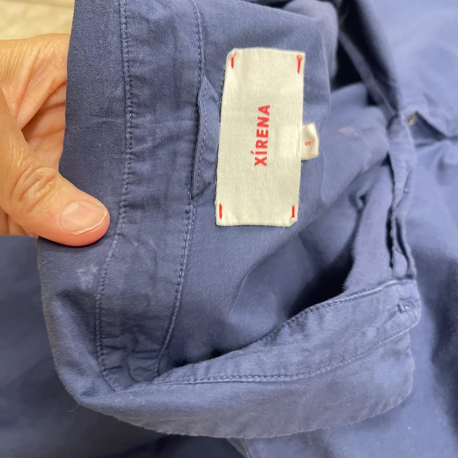 XIRENA Navy Blue Button Front Midi Shirt Dress Rolled Sleeve Side Slit Sz Small - Image 6