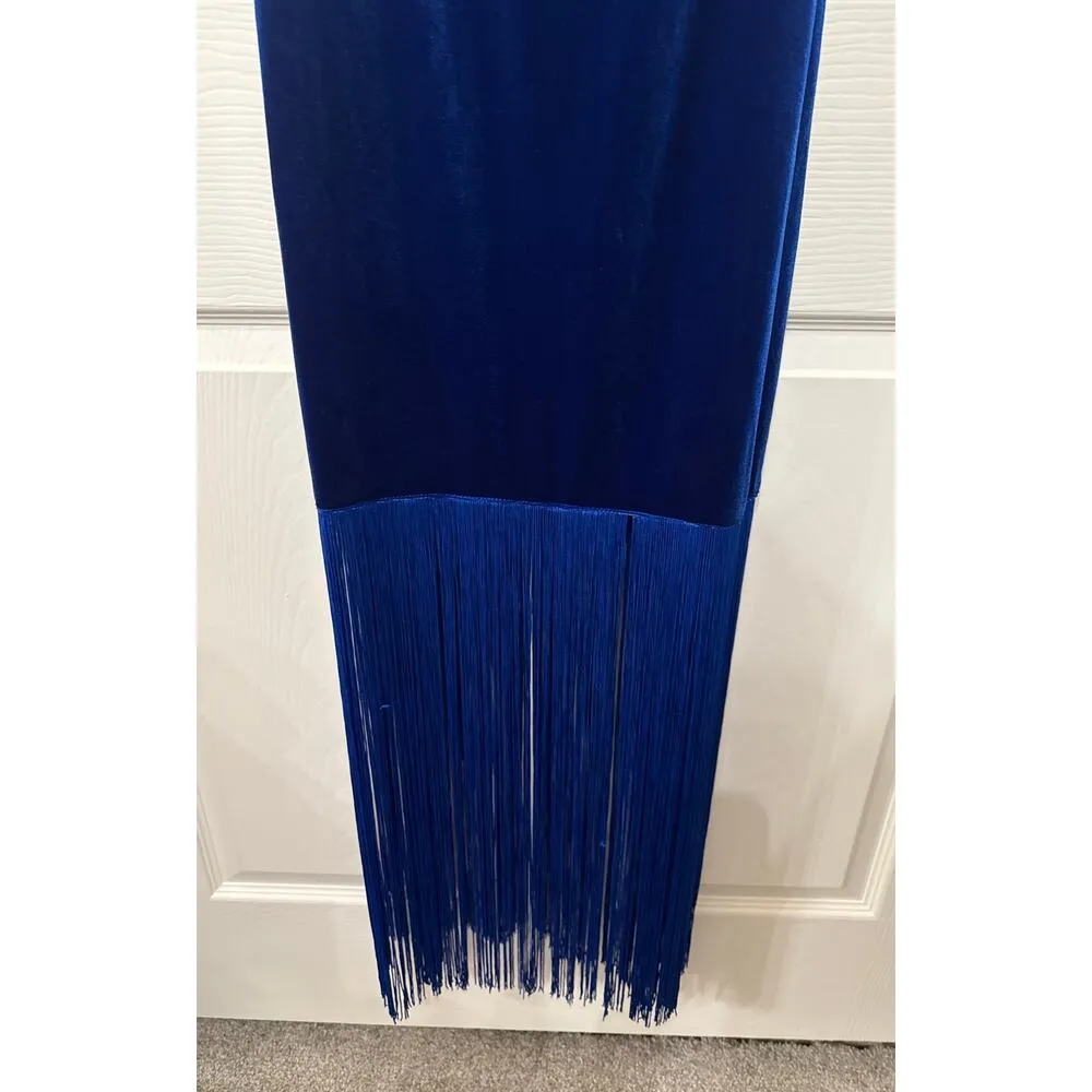 NWT Taylor Royal Blue Velvet Fringe Cowl Neck Dress, Sz 8 Size M - Image 3