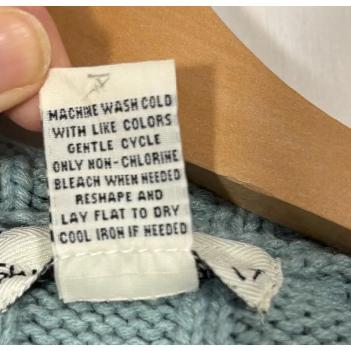 Women's Cable Knit Sweater Seafoam Blue Hooded Tassels Pocket Y2K Cottage Sz L - Image 11