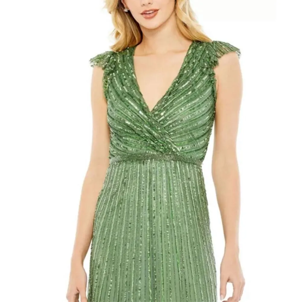 Mac Duggal Sequin V-Neck Wrap Over Cap Sleeve Ruffled Hem Dress Size 8 - Image 6