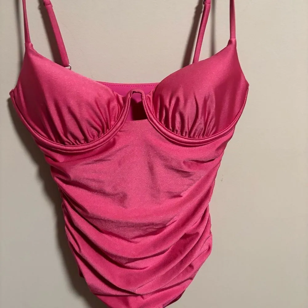 JONATHAN SIMKHAI Satin Ruched Cup Underwire Dragon Fruit Swimsuit - Image 8
