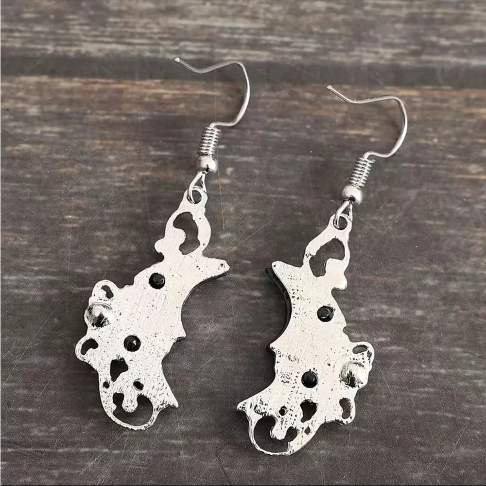 Hollow Synthetic Gemstone Black Moon Inlaid Red Rhinestone Drop Earrings Faux Fa Silver - Image 6