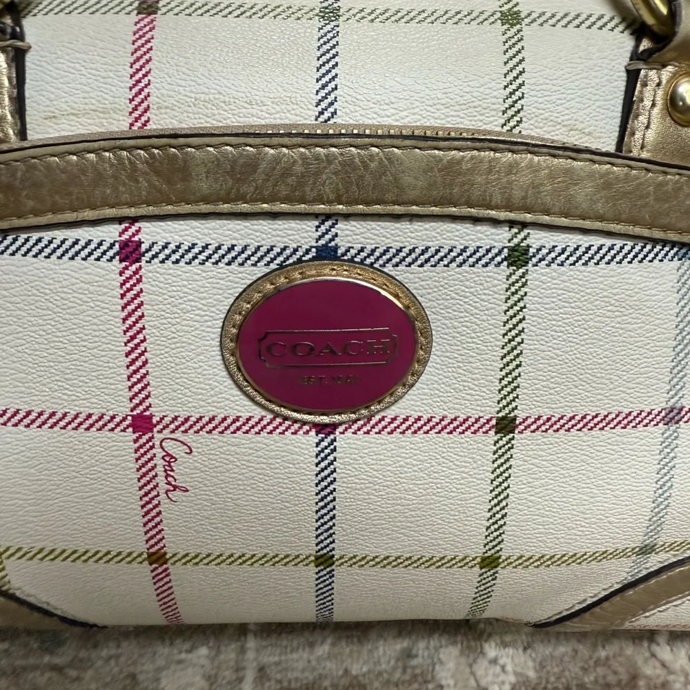 Plaid Coach Handbag - Cream and Gold - Image 2