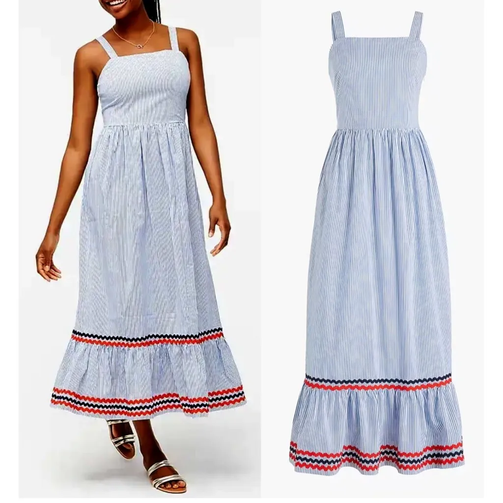 J. Crew blue and white striped  Maxi Dress with Red and Blue ricrac sz10‎ - Image 2