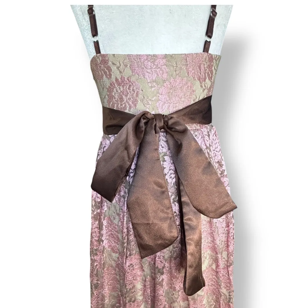 Vintage Y2K Necessary Objects Pink Floral Lace Slip Dress Brown Satin Bow Small - Image 7
