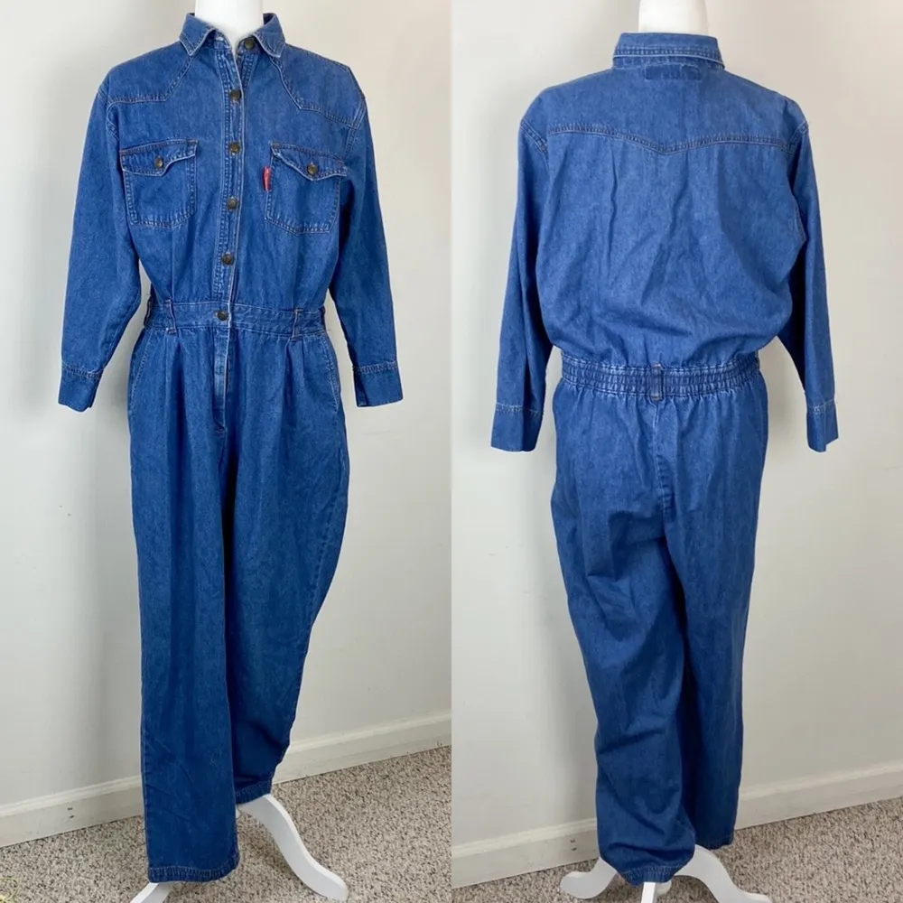 Gloria Vanderbilt Denim Retro Vintage Jumpsuit Party Dark Wash Jeans Pants L - Image 3