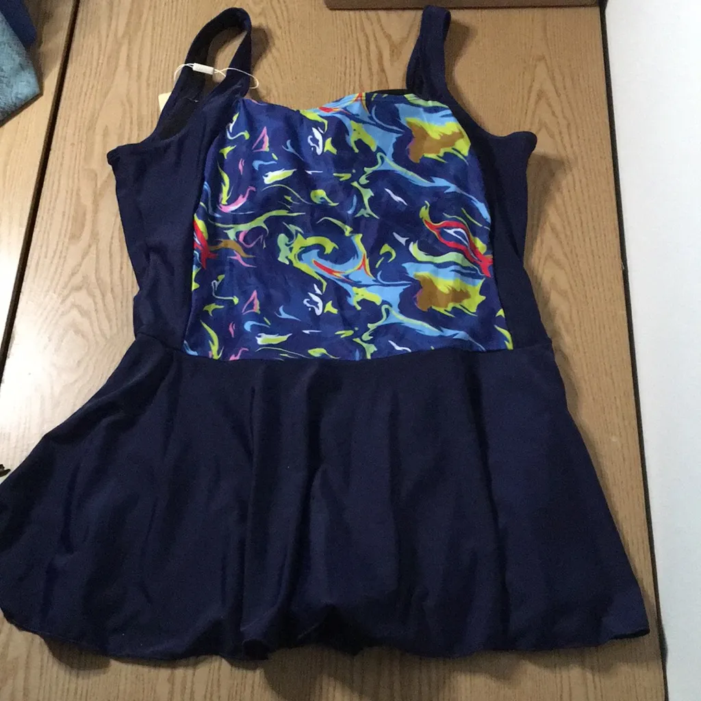 B44 New Women’s Ekouaer Swim Dress Ruched Front Navy Size XXLarge Blue - Image 5