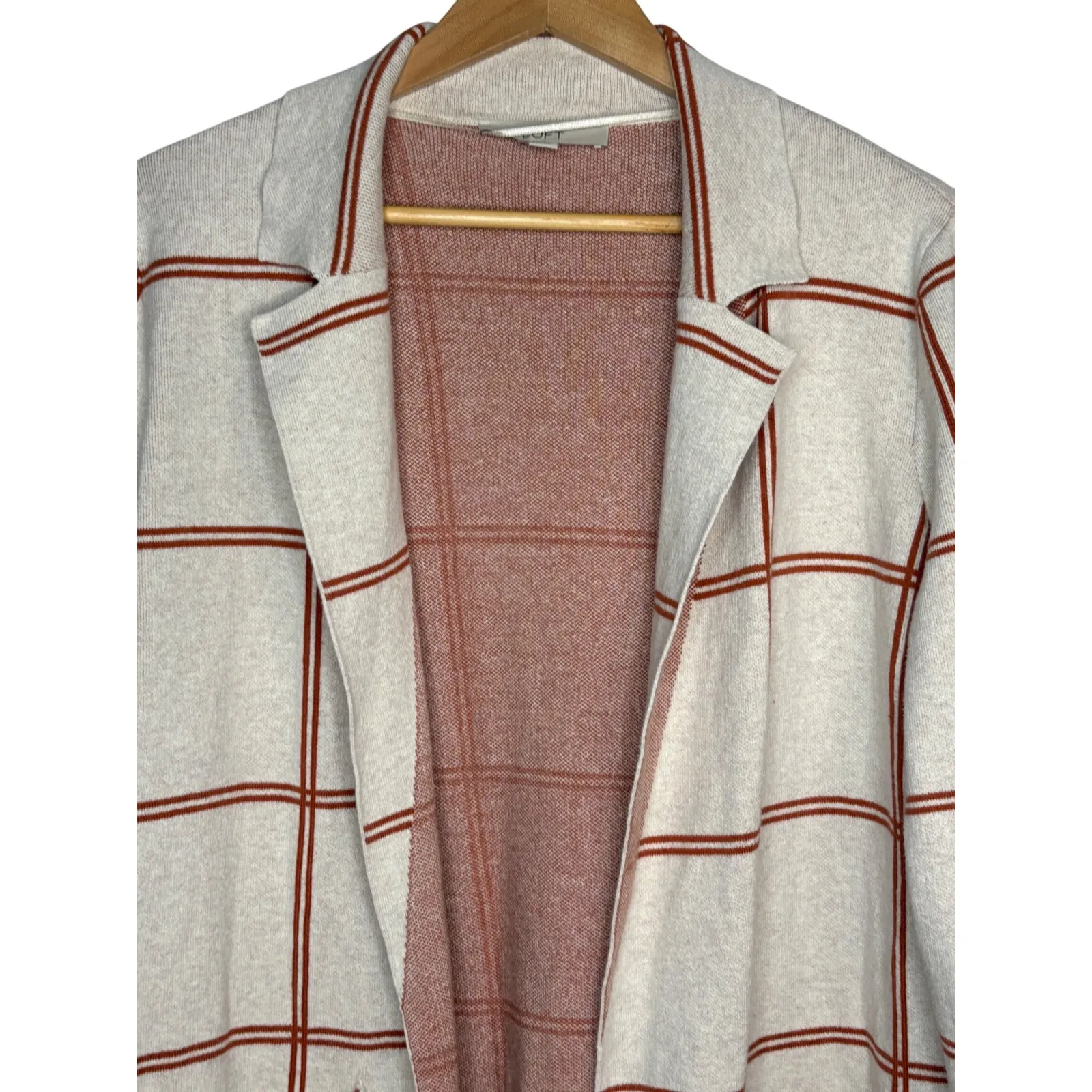 LOFT‎ Cream Burnt Orange Plaid Knit Blazer Cardigan Sweater Women Size Medium - Image 4