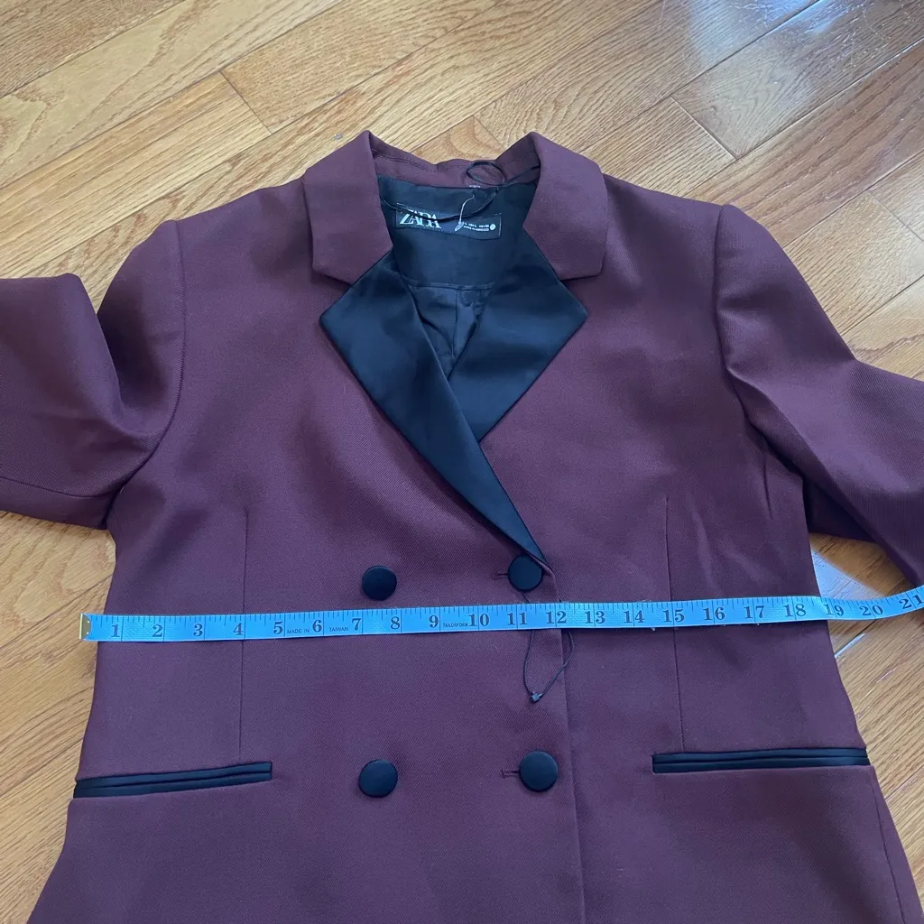 ZARA Women’s Tuxedo Double Breasted Blazer Jacket Cabernet Burgundy Sz Large - Image 12