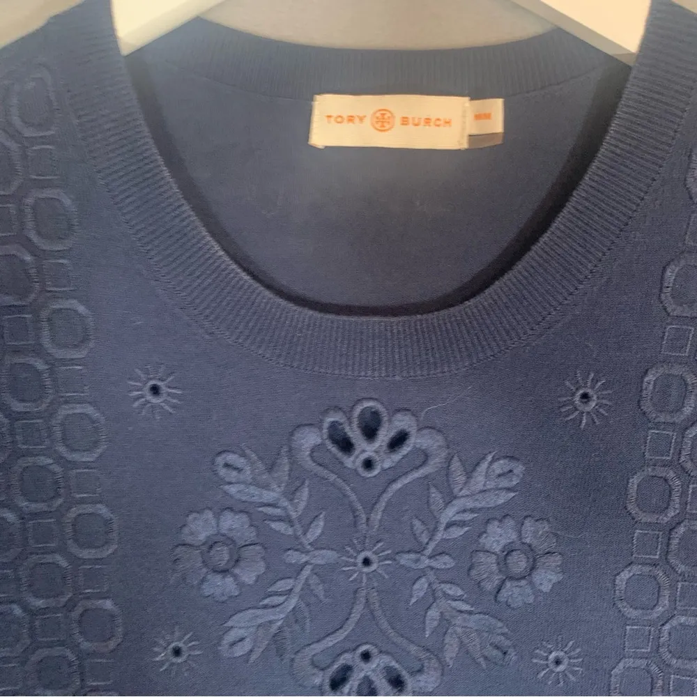 Tory Burch Womens Medium Romantic Embroidered Cotton Knitted Top Navy Blue - Image 2