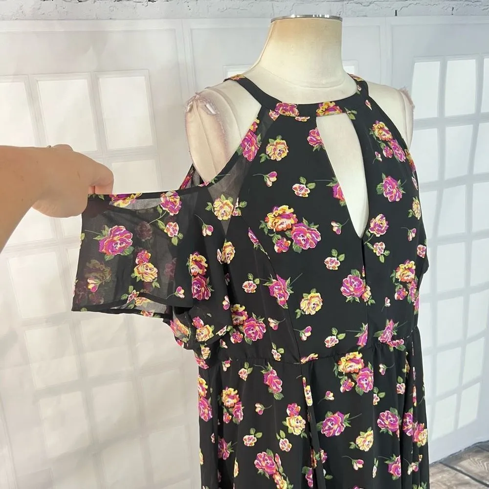 Torrid Halter Neck Floral Cold Shoulder Pleated A-Line Black Dress 16 - Image 2