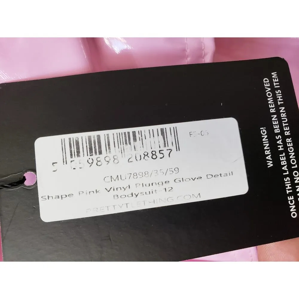 PrettyLittleThing Bodysuit Women's Size 12 Shape Pink Vinyl Plunge Glove Detail - Image 6