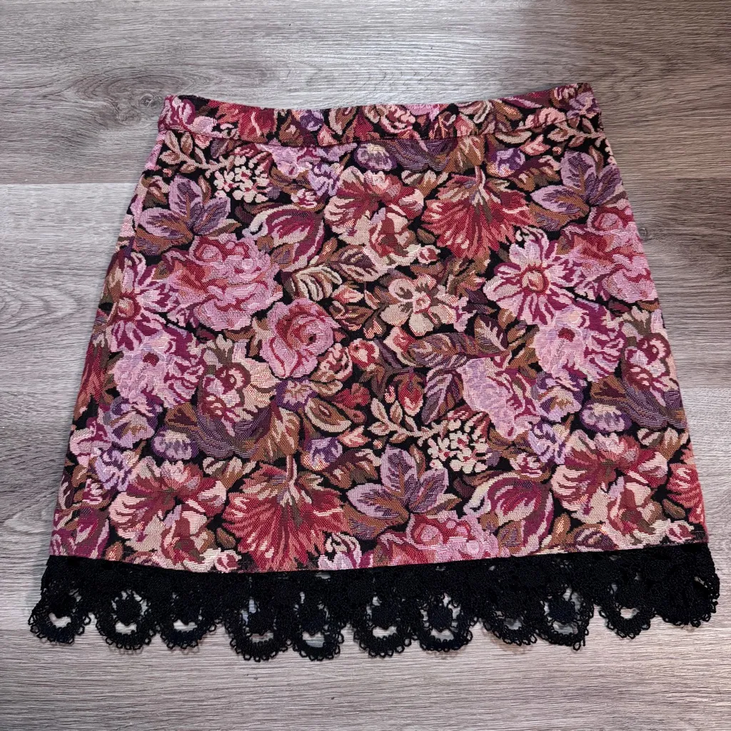 Topshop Tapestry Floral Rose Jacquard Crochet Mini Skirt Carpet Lace Pink 6 - Image 2