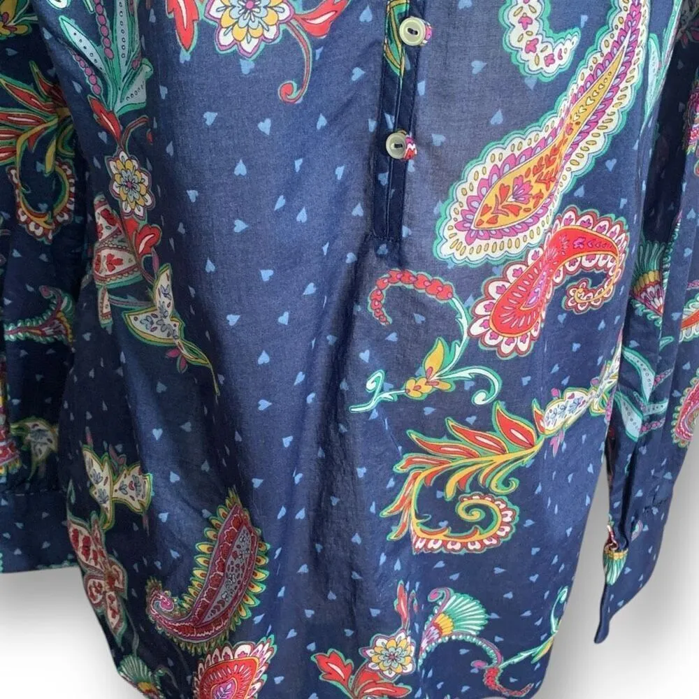 Talbots Navy Paisley Heart Print Ruffled Button-Up Long Sleeve Top Size Medium - Image 3
