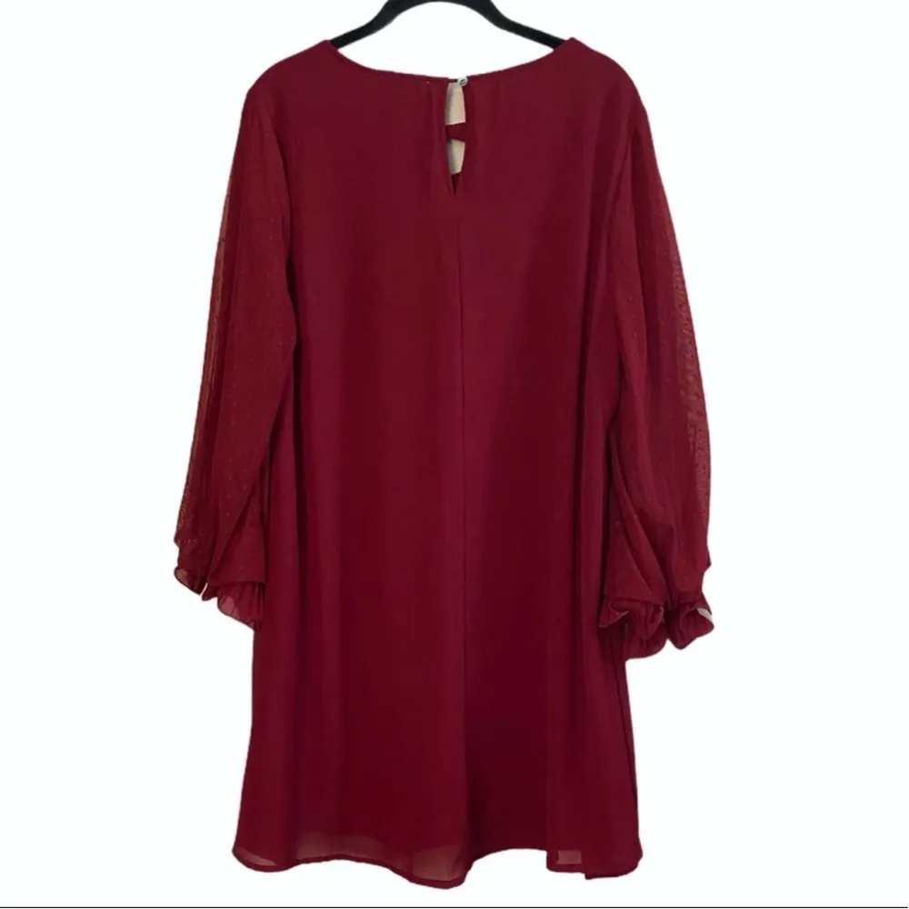 Entro Burgundy Sheer Long Sleeve Ruffle Flutter Dress Size Medium - Image 2