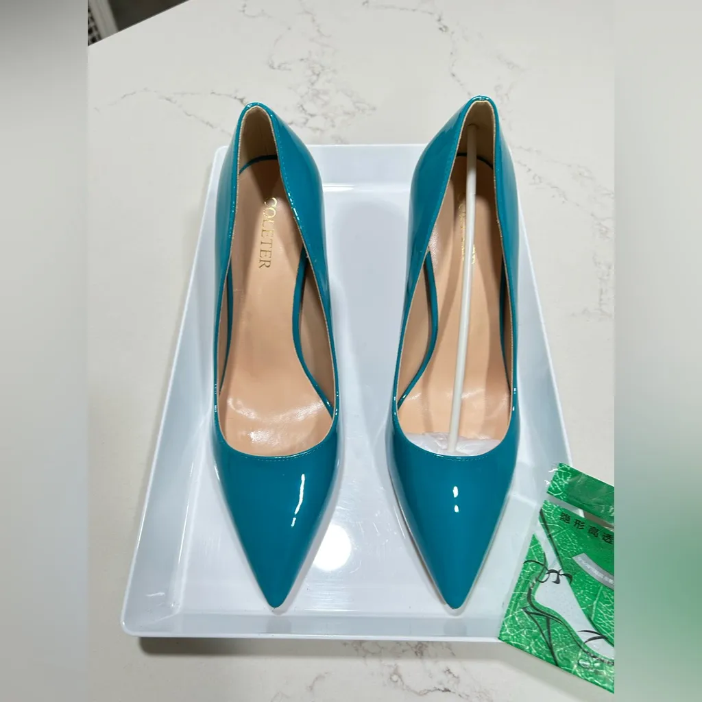 NEW Teal 4” Pointy Toe Wedding Dress Shoes Slip on Stiletto Pumps 9.5 Blue - Image 11