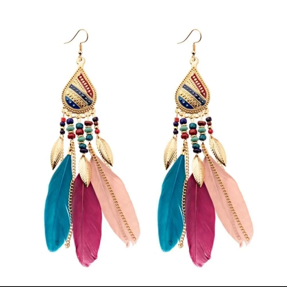 Long Bohemian Feather Chain Earrings Gold - Image 13