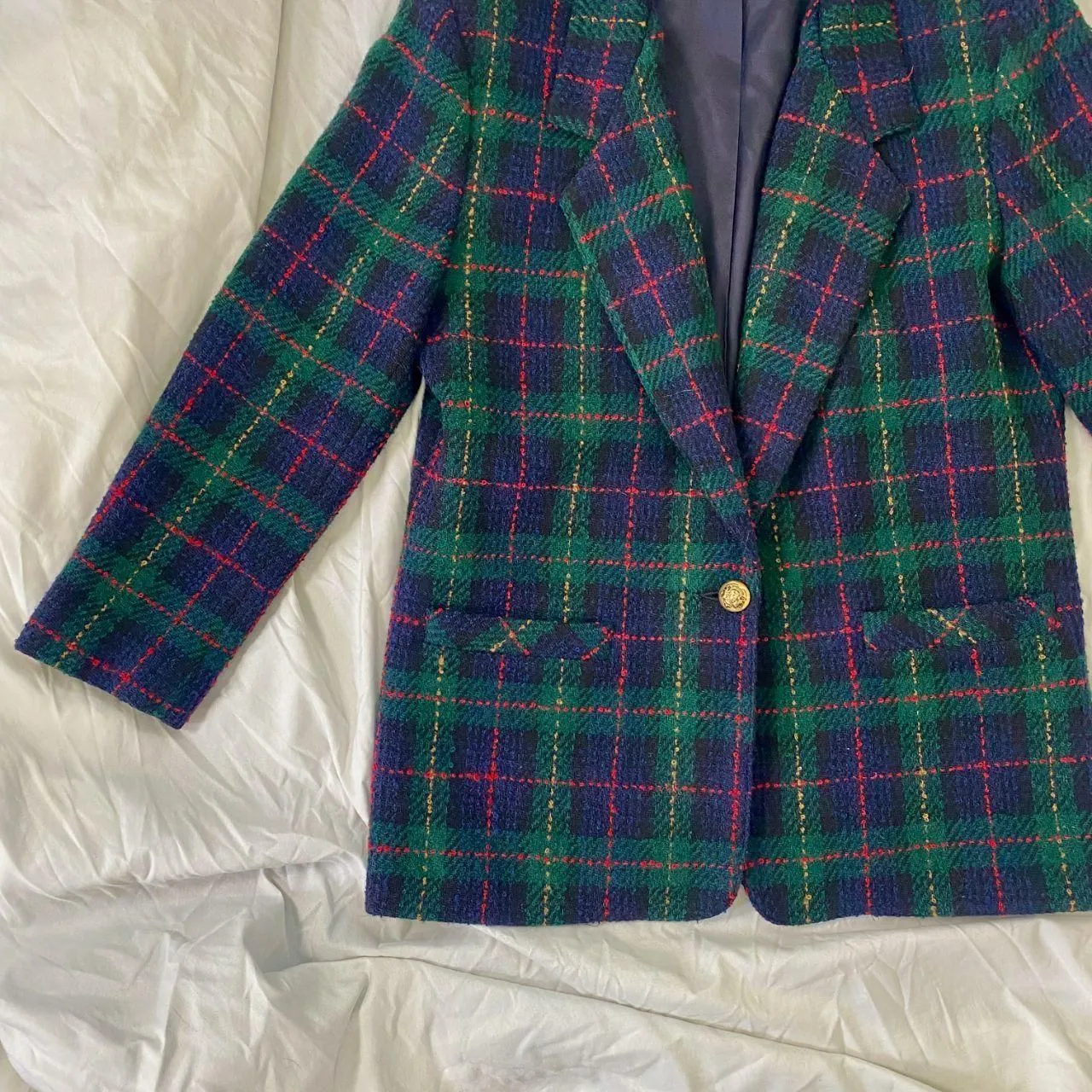 Alfred Dunner Vintage Made in USA Navy Green Wool Plaid Gingham Blazer Coat M - Image 2