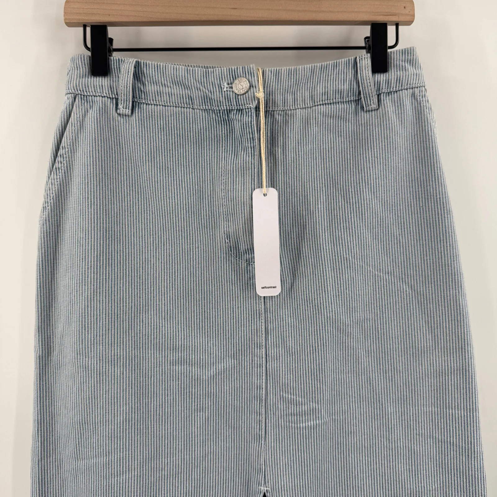 Self Contrast Skirt Women's Small Eliana Pencil Midi Denim Pinstripe Blue NWT - Image 12