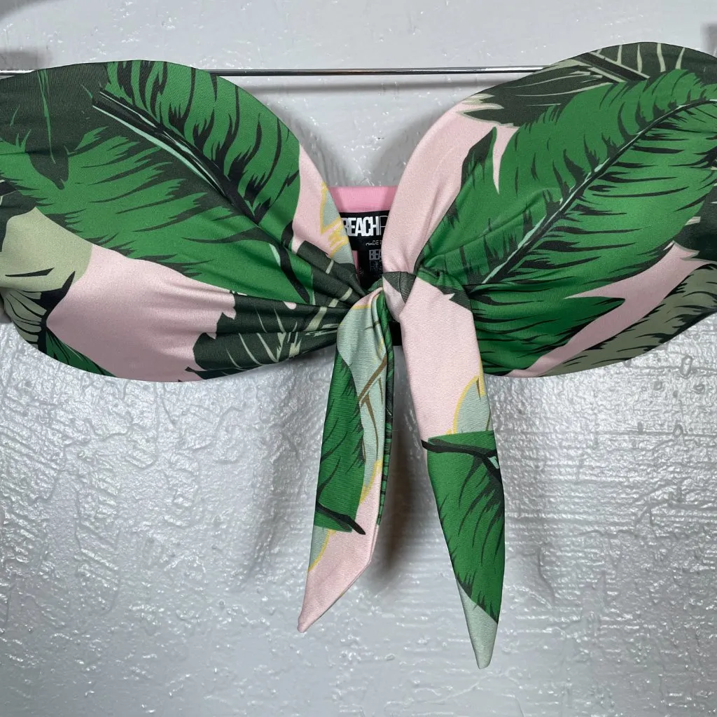 Beach Riot Women L Pink Green Palm Print Bandeau Bikini Top Tie Detail Padded - Image 3
