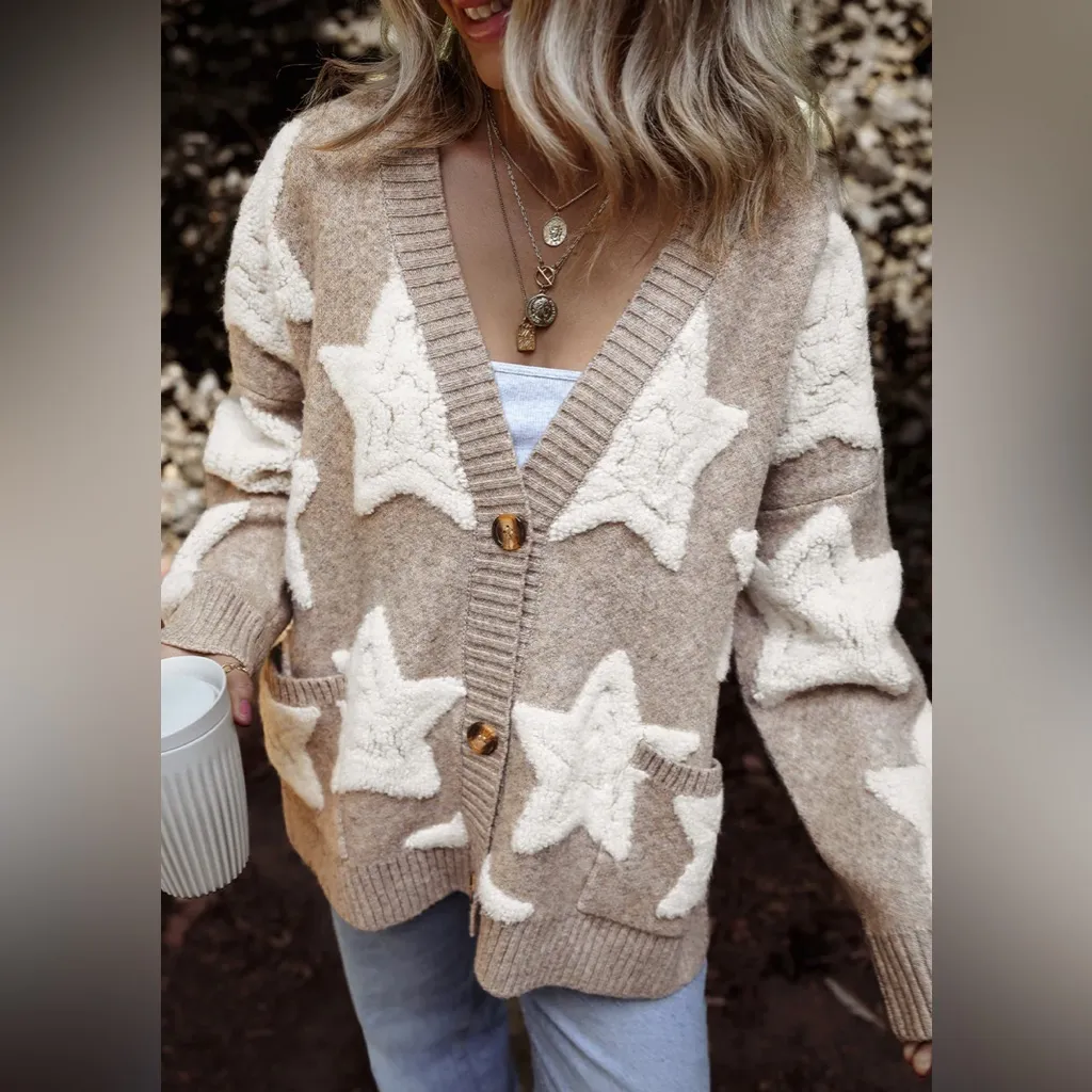 CLARE SHERPA STAR CARDIGAN Tan - Image 4