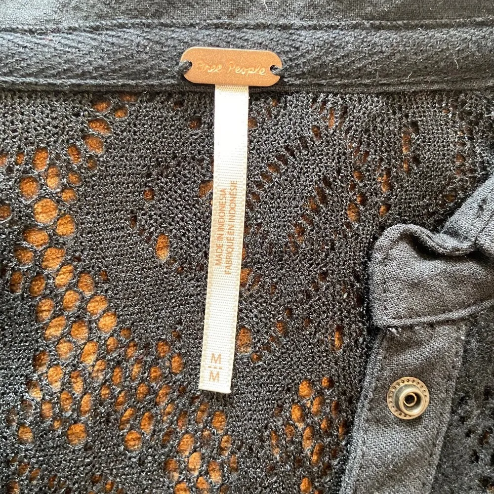 Free People Black Lace Long Sleeve Button Snap Collared Shirt Sz Medium - Image 6