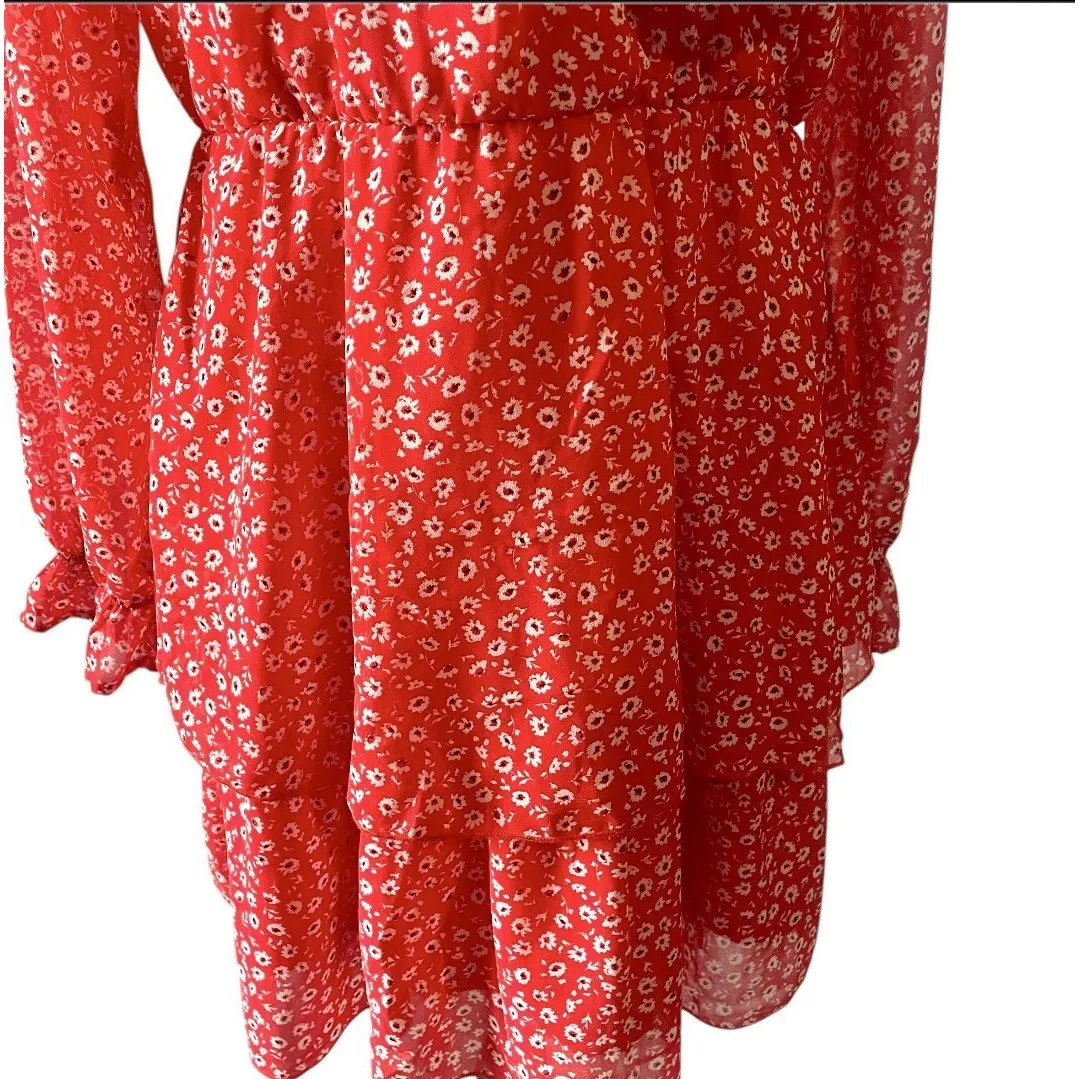 H&M Divided‎ Red Ruffle Floral Mini Dress Long Sleeve Tiered Women's M - Image 3
