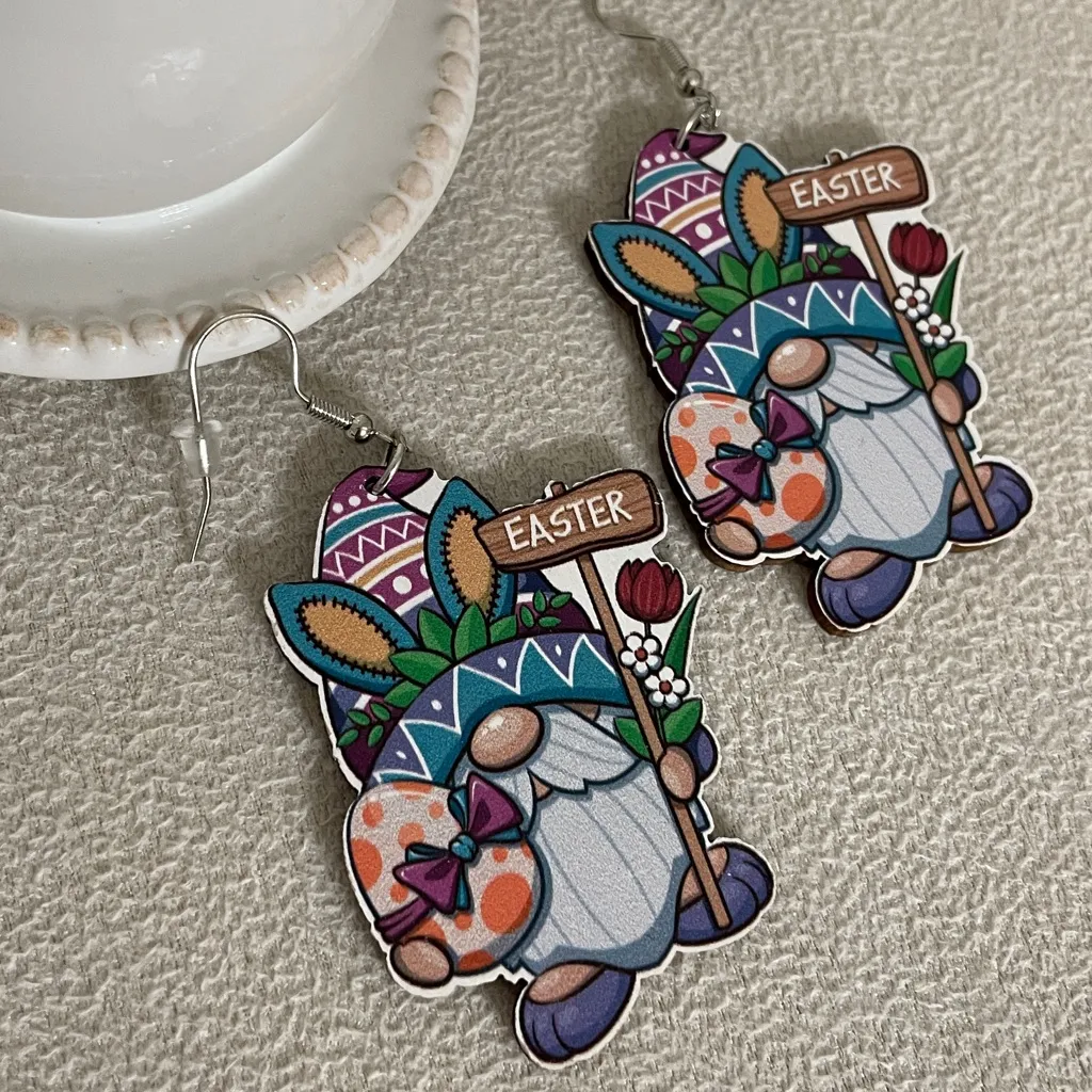 Bunny Gnome with Easter sign wooden earrings Purple - Image 2
