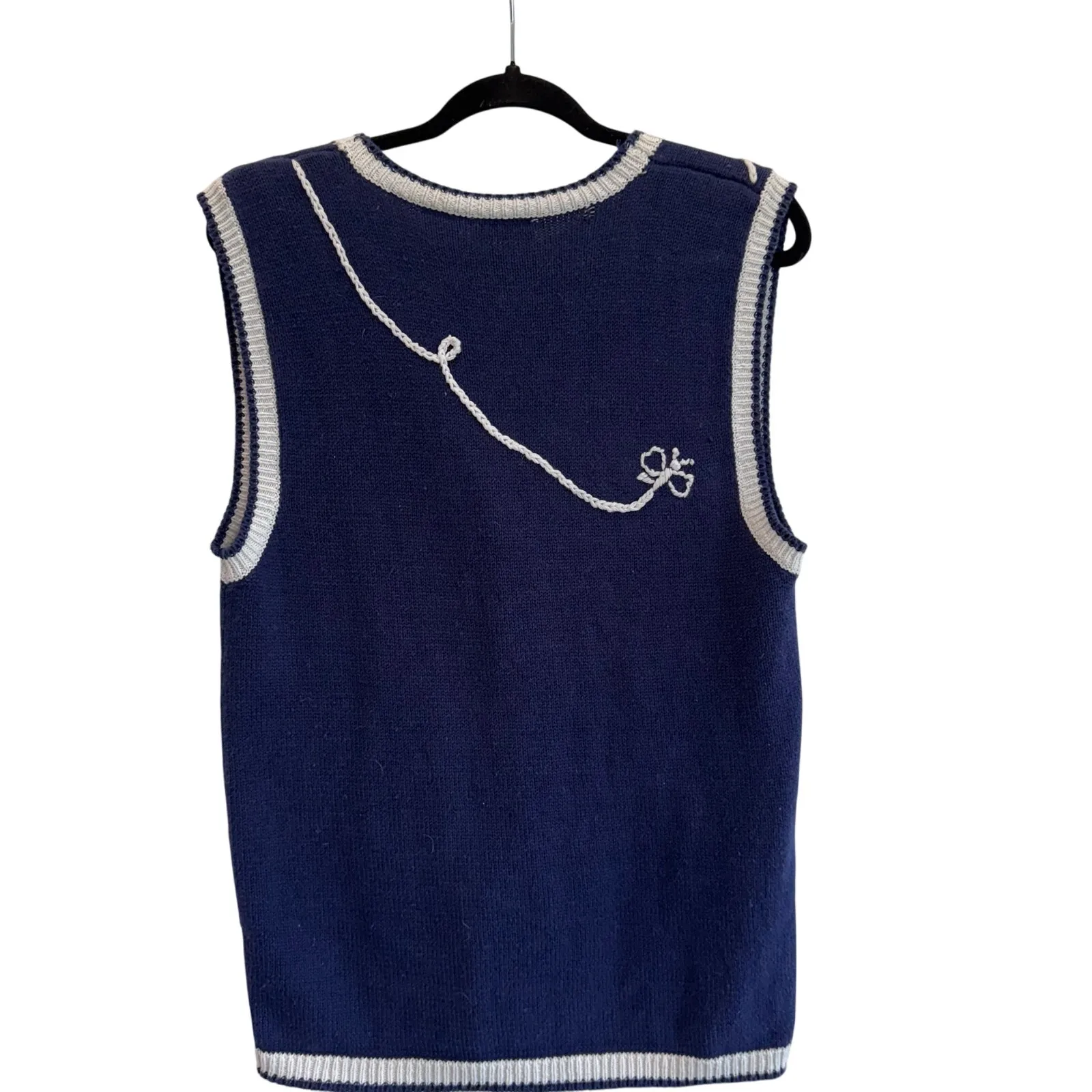 Vintage Knit Sweater Vest Floral Appliqué Cottagecore Boho farmcore Grandma M Blue Size M - Image 3