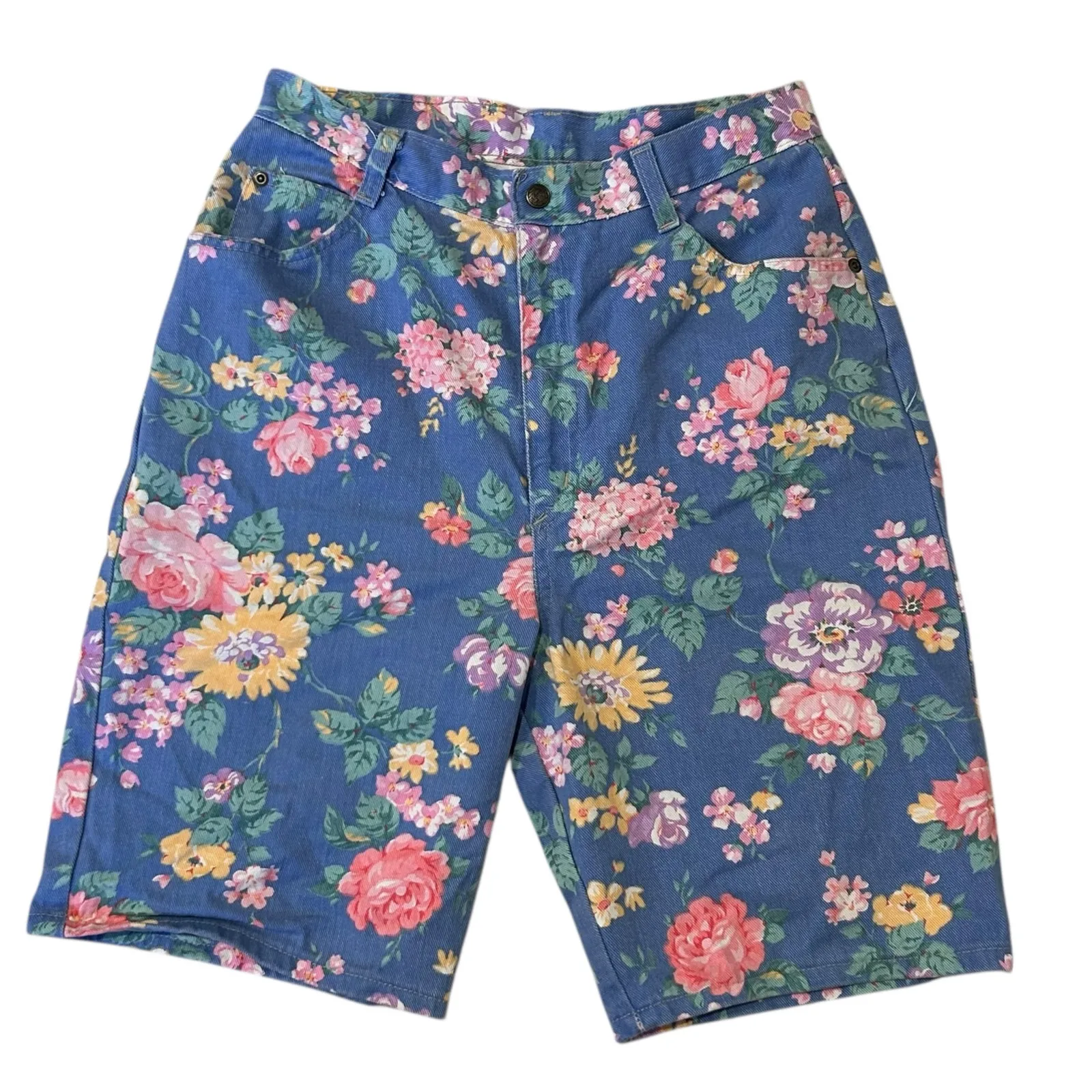 Vintage Floral Denim Bermuda Shorts Sz Small Blue Pink High Waist Festival Cute - Image 2