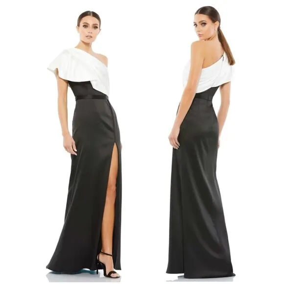 MAC DUGGAL Colorblock One-Shoulder Satin Gown in Black White Size US 12 - Image 2